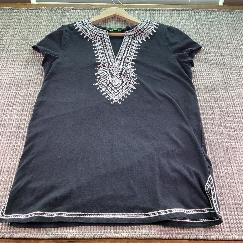 C Wonder Black Embroidered Short Sleeve Cotton Tunic Top Bohemian Womens Medium